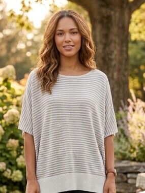 Eileen Fisher Womens 100% Linen Poncho Sweater Size XL Striped Boxy *READ